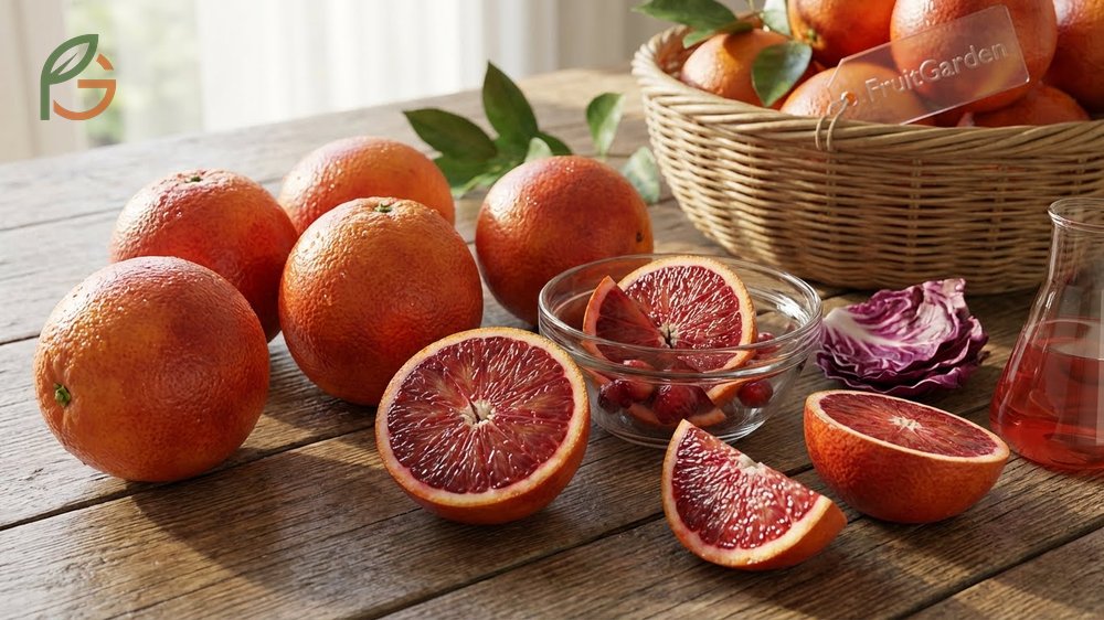 Oranges that are red inside known as blood oranges featuring deep crimson flesh rich in anthocyanins and vitamin C.
