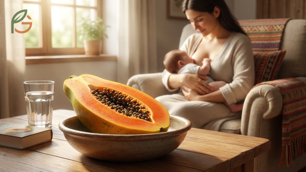 Ripe papaya serving rich in vitamin A and C supporting lactation and immune system health for breastfeeding mothers.