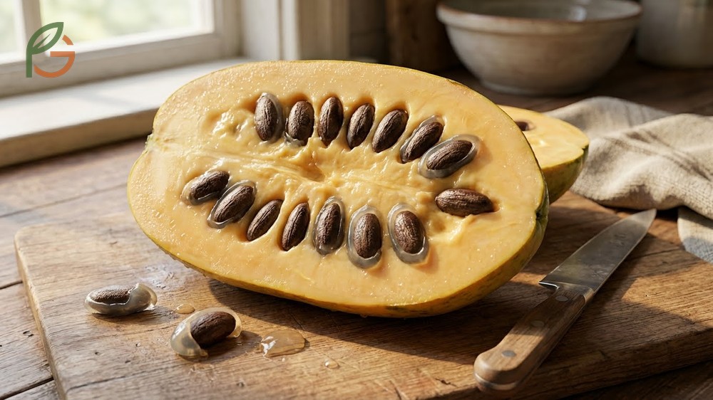 Dark brown paw paw fruit seeds measuring one inch long with a bean-like shape and hard outer coating.