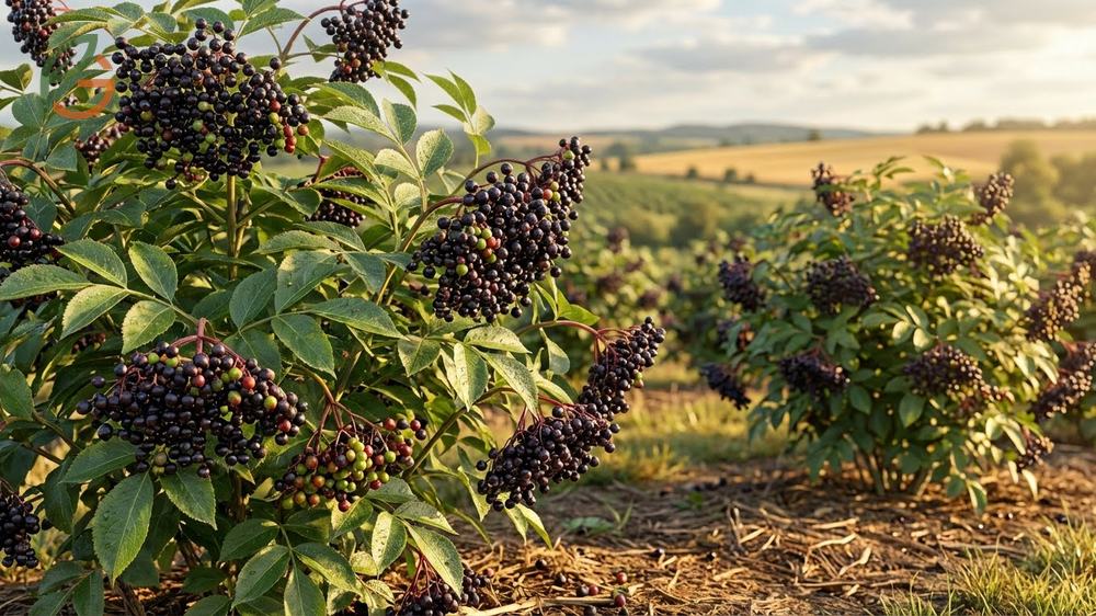 Picking elderberries season extending over several weeks with staggered ripening of clusters on the bush.