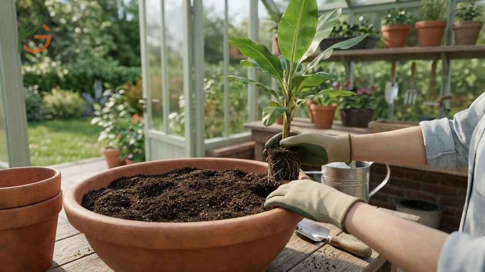 Planting a banana tree in a pot requires rich well draining soil mixed with compost and perlite.