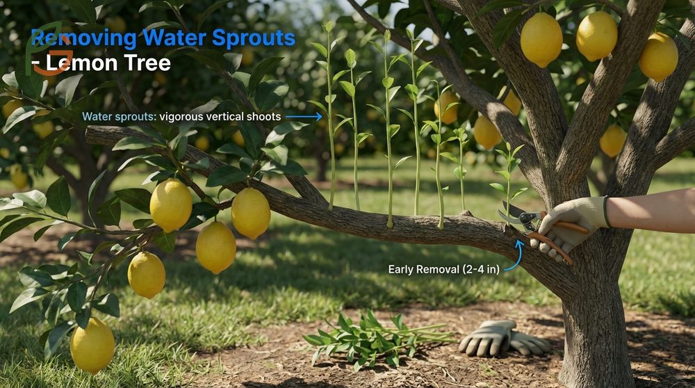 Removing water sprouts lemon tree involves cutting vigorous vertical shoots that drain energy from fruit production.