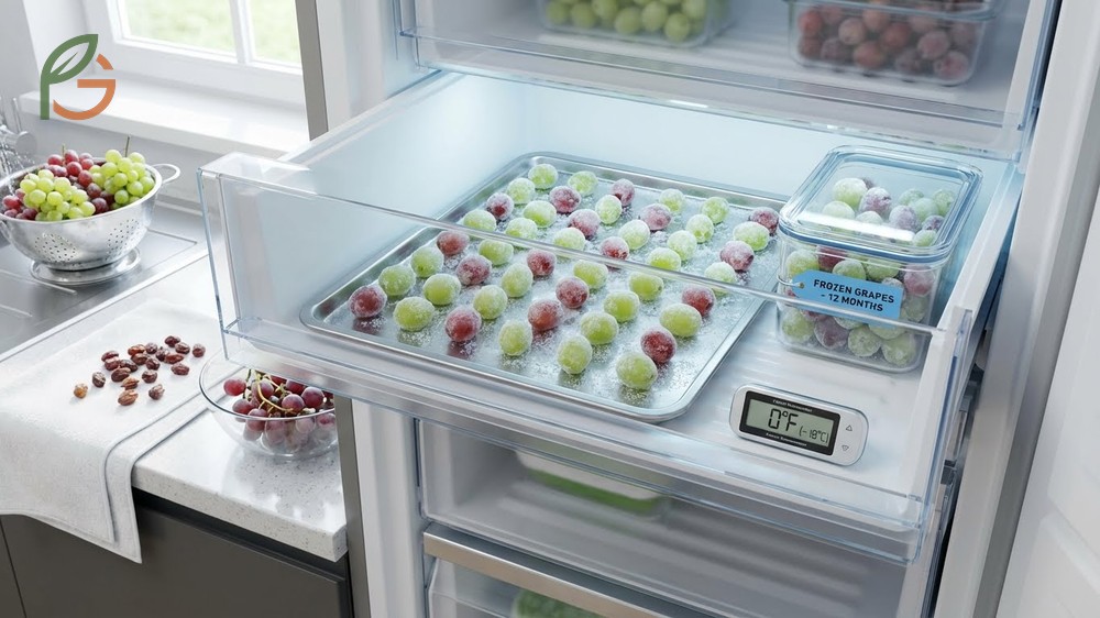Storing grapes in freezer preserves them for up to 12 months for use in smoothies and baking.