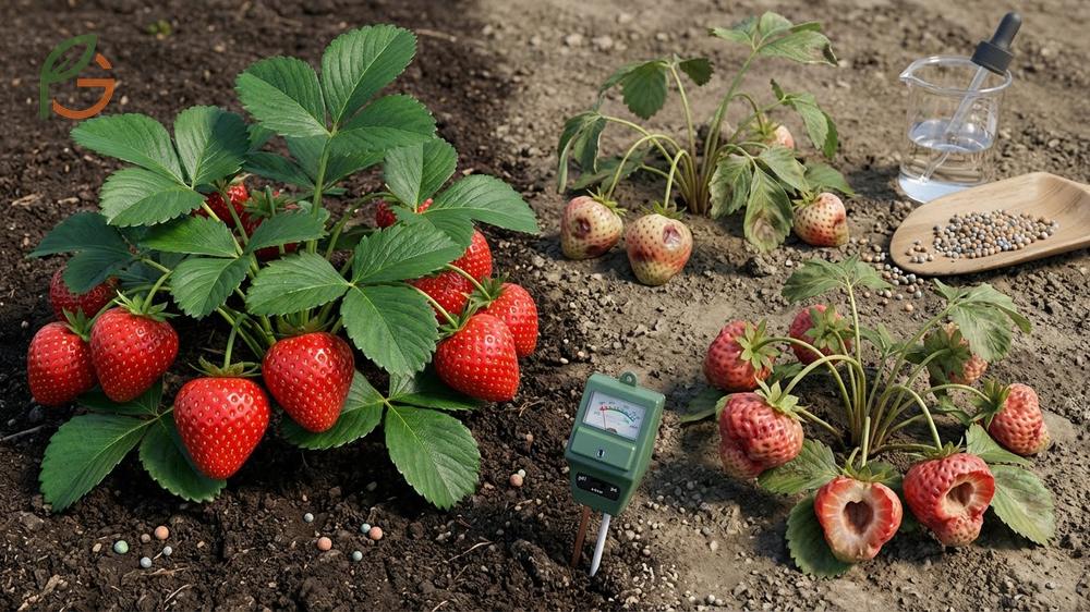 Healthy strawberry leaves showing dark green color indicating optimal nitrogen and nutrient levels.