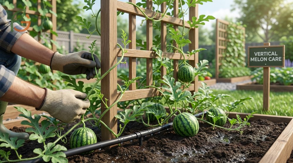 Vertical melon gardening care includes pruning lateral shoots and watering deeply twice weekly for healthy vines.