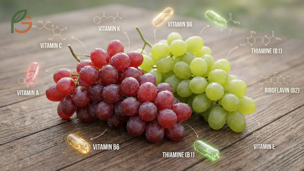 What vitamins do grapes have chart highlighting vitamin C and K content found in fresh red and green table grapes.
