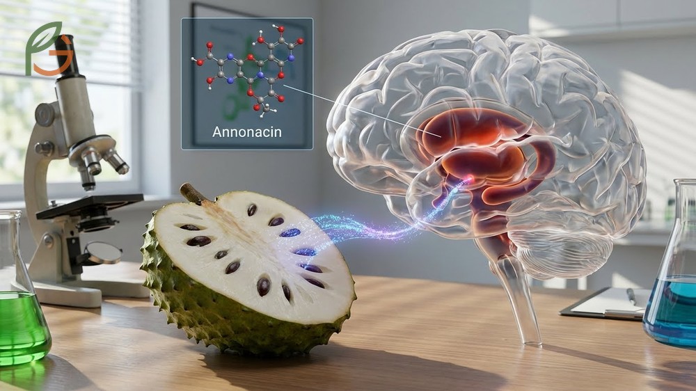 Diagram showing how annonacin neurotoxin affects mitochondrial energy production in brain cells.
