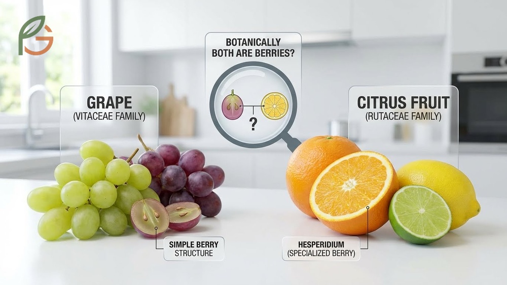 Are grapes a citrus fruit comparison showing the difference between vitaceae vines and rutaceae citrus trees.