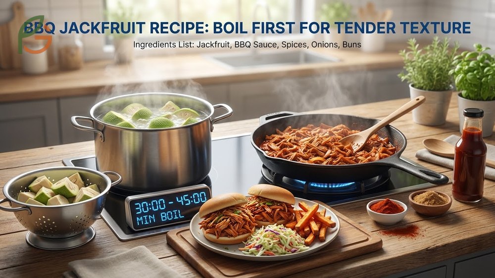BBQ jackfruit recipe instructions showing boiling and simmering steps for tender vegan pork.