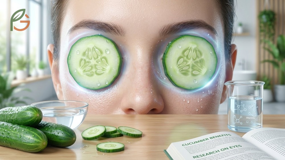 Benefits of cucumber on eyes including hydration from 95% water content and vitamin K for dark circles.