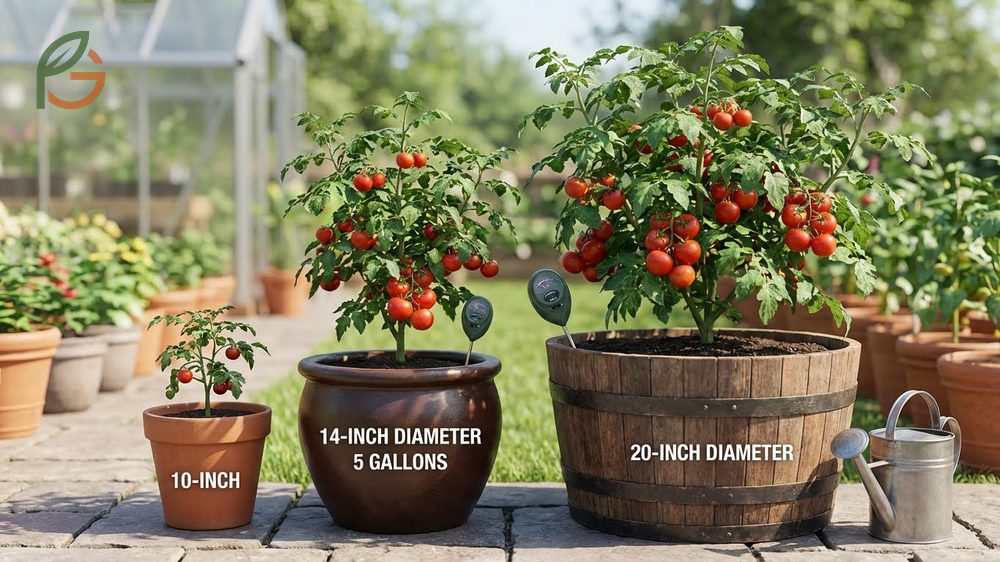 Growing cherry tomatoes in pots requires a minimum 14 inch diameter container holding 5 gallons of soil for root health.