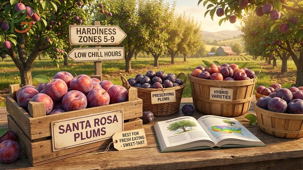 Best plum varieties like Santa Rosa and Green Gage selected for fresh eating and preserving.