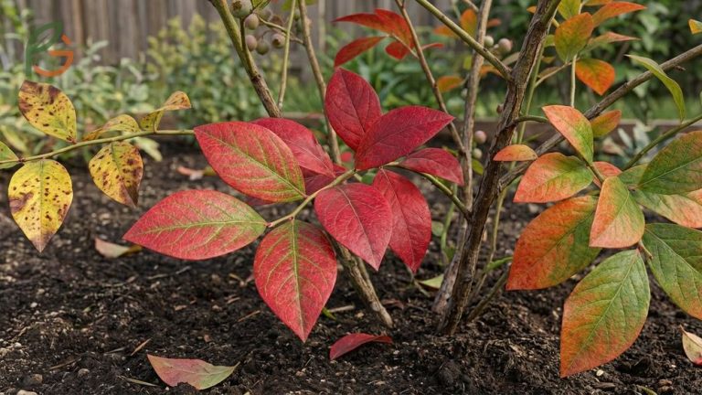 Blueberry plant leaves turning red can indicate magnesium deficiency or fungal rust depending on the visual pattern.