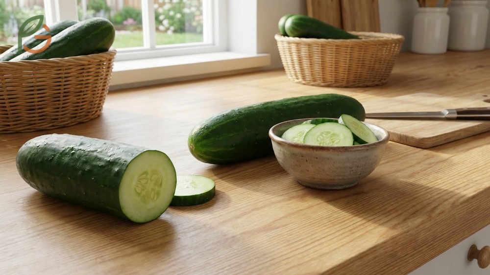 Fresh salad made with unpeeled burpless cucumbers highlighting the benefit of thin edible skin and mild sweet flavor.