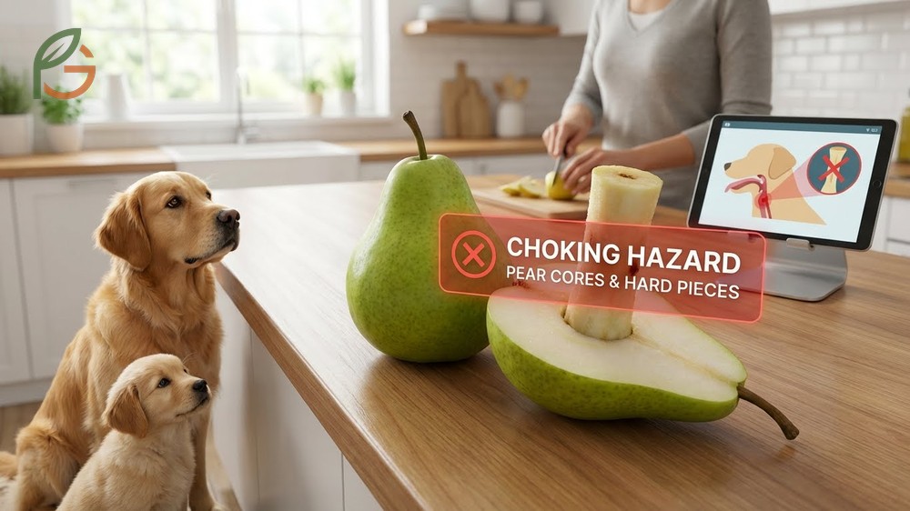 Choking hazard dogs face from unripe pears and cores requires cutting pieces to appropriate sizes for safety.