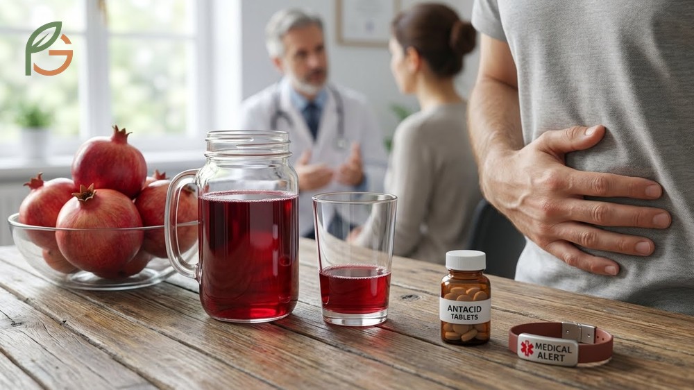 Pomegranate juice side effects regarding digestive system reactions and allergies.