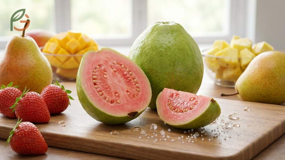 Comparing guava taste to familiar fruits like strawberry and pear with distinct floral notes.