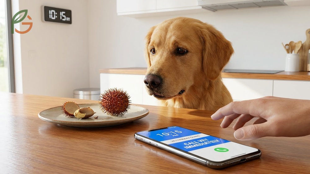 Dog ate rambutan seed emergency symptoms list including persistent vomiting and loss of appetite requiring veterinary care.