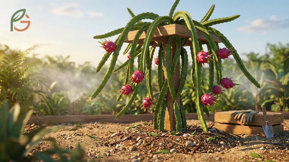 Dragon fruit plant care emphasizes deep watering once or twice weekly and installing strong vertical supports.