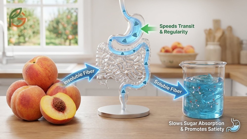 Fiber in peach skin aids digestion and helps regulate blood sugar levels by slowing absorption after eating.