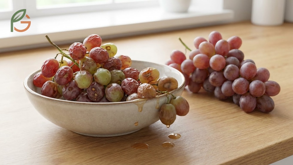 Signs of bad grapes include sour smells and shriveled skins indicating spoilage and moisture loss.
