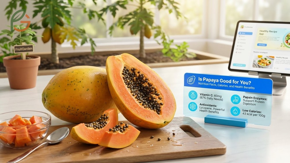 Fresh papaya fruit cut in half displaying nutrient rich orange flesh and black seeds for a healthy low calorie diet.