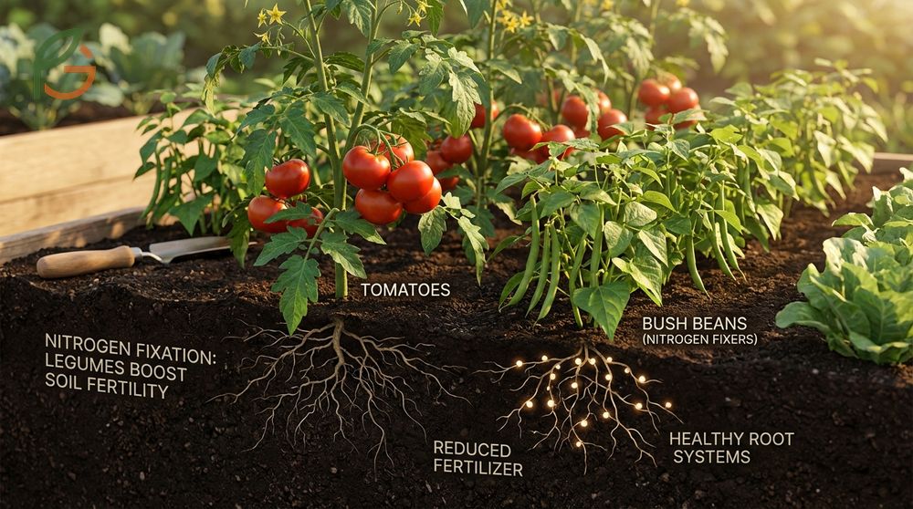 Nitrogen fixers for tomatoes including bush beans and peas to improve long term soil fertility.