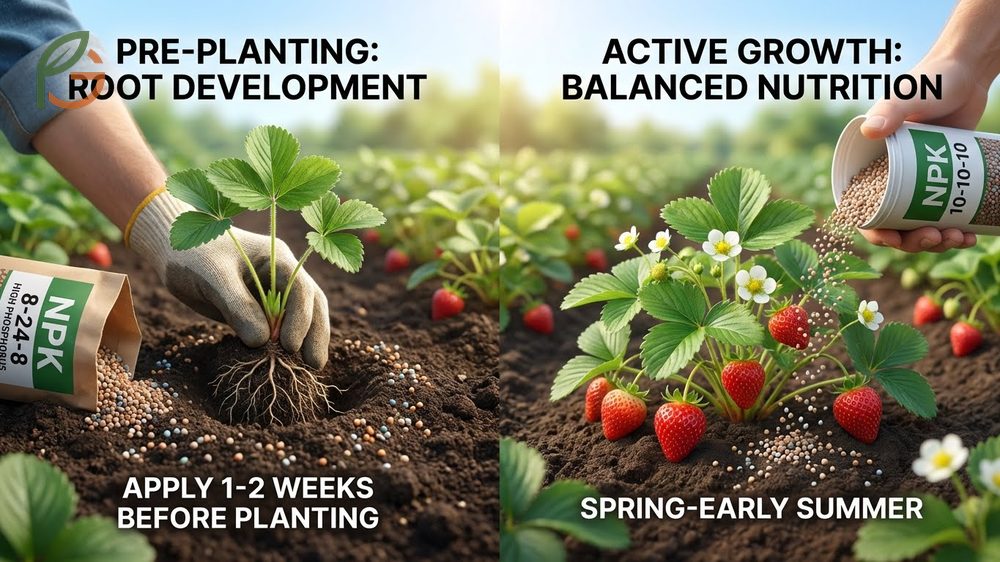Gardener applying NPK fertilizer to strawberry rows during the active growing season.