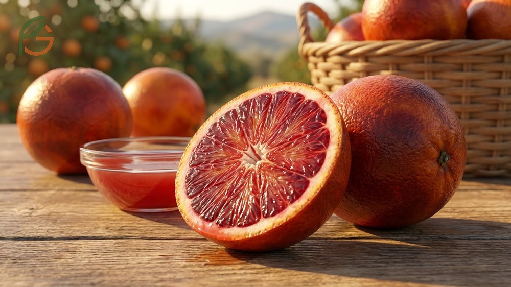 Oranges that are red inside showing distinctive ruby red pigmentation caused by the Ruby gene activation in cold weather.
