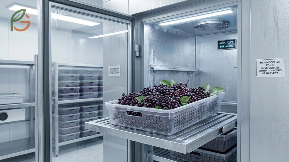 Post-harvest handling of elderberries involving rapid cooling and processing within 24 hours for safety.