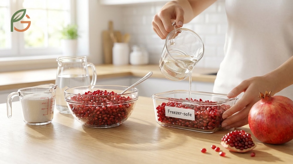 How to preserve pomegranate seeds using a 30 percent sugar syrup pack for extended storage life.