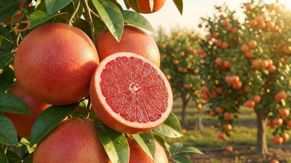 Ruby Red grapefruit showing large round fruit with red tinged skin and high lycopene content compared to white varieties.