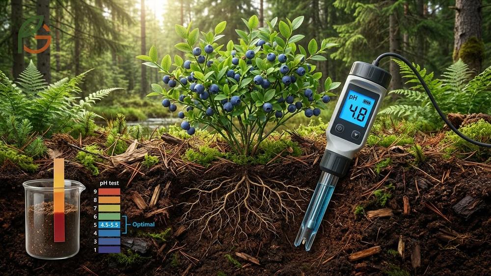 Where do blueberries grow soil requirements specifying pH levels between 4.5 and 5.5 for optimal nutrient absorption.