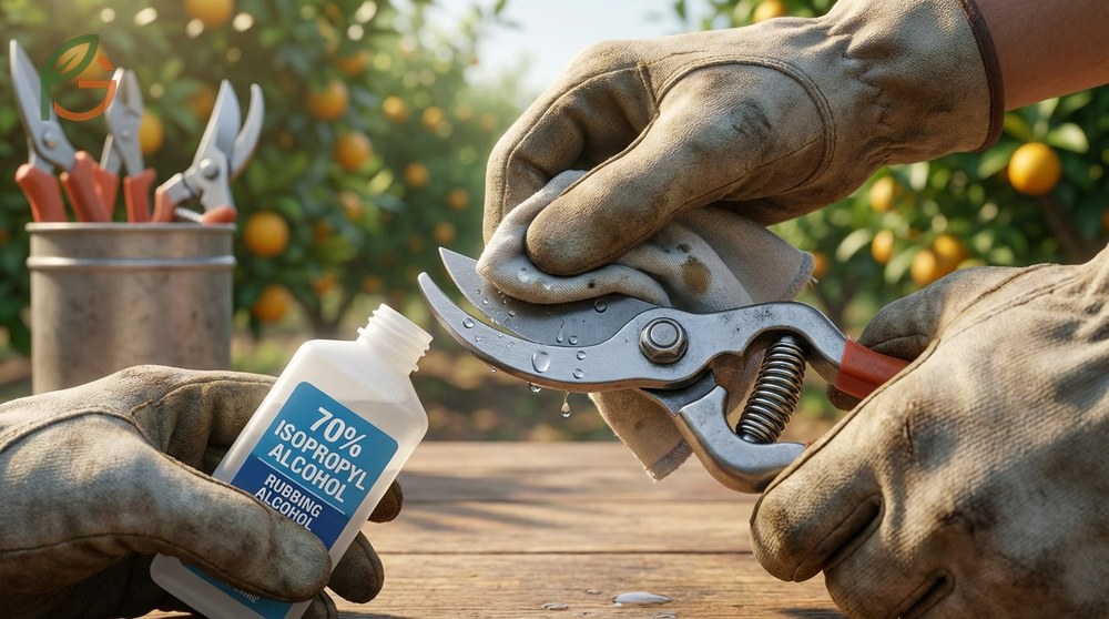 Sterilizing pruning tools with isopropyl alcohol prevents the spread of harmful diseases between different citrus trees.