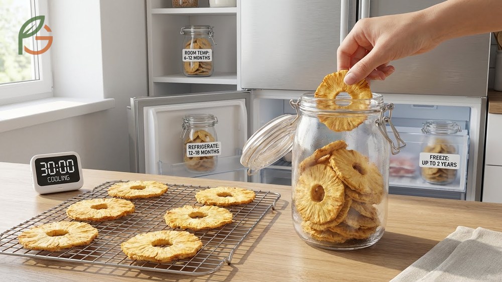 How to dehydrate pineapple and store the dried rings in glass jars to maintain freshness for months.