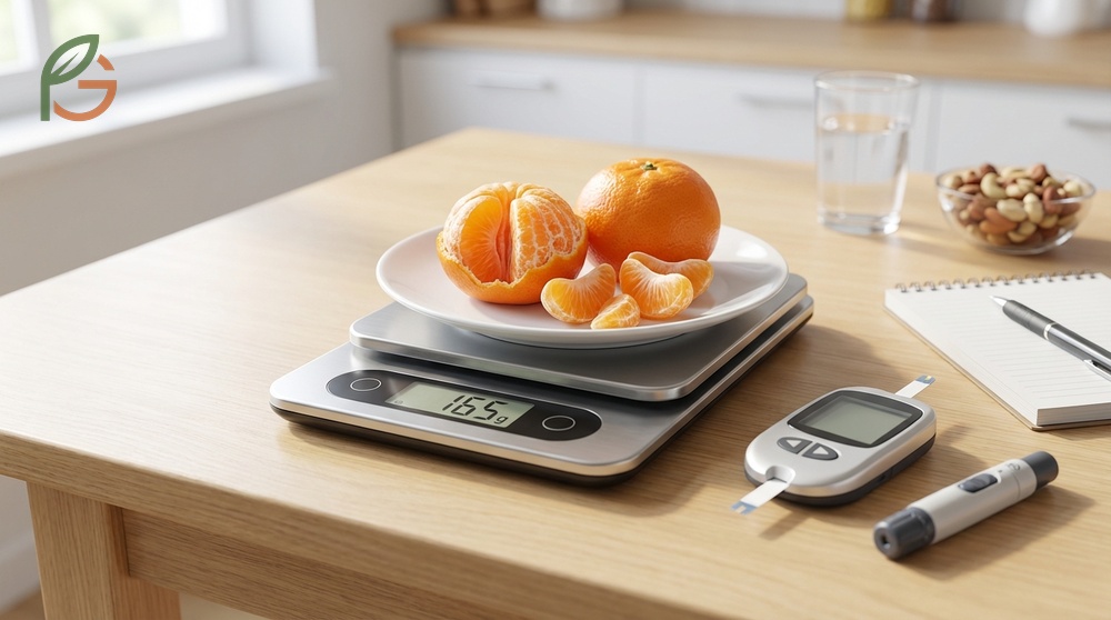 Tangerine portion diabetes recommendation of 1-2 small fruits or approximately 150-180g per day for safety.
