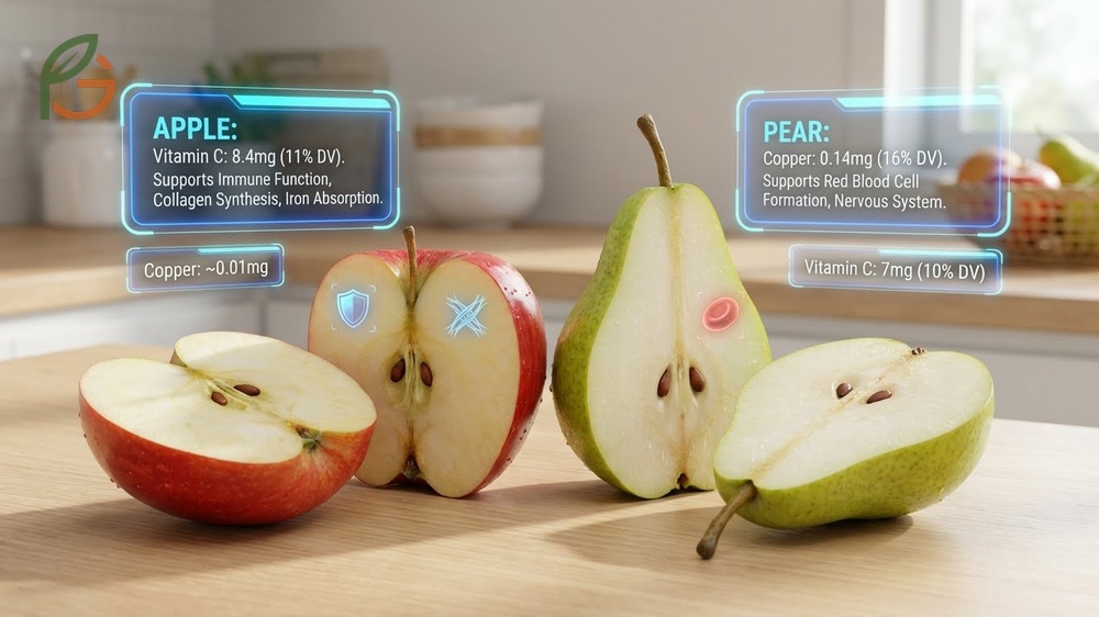 Vitamin and mineral comparison indicates apples have more vitamin C while pears contain higher levels of copper.