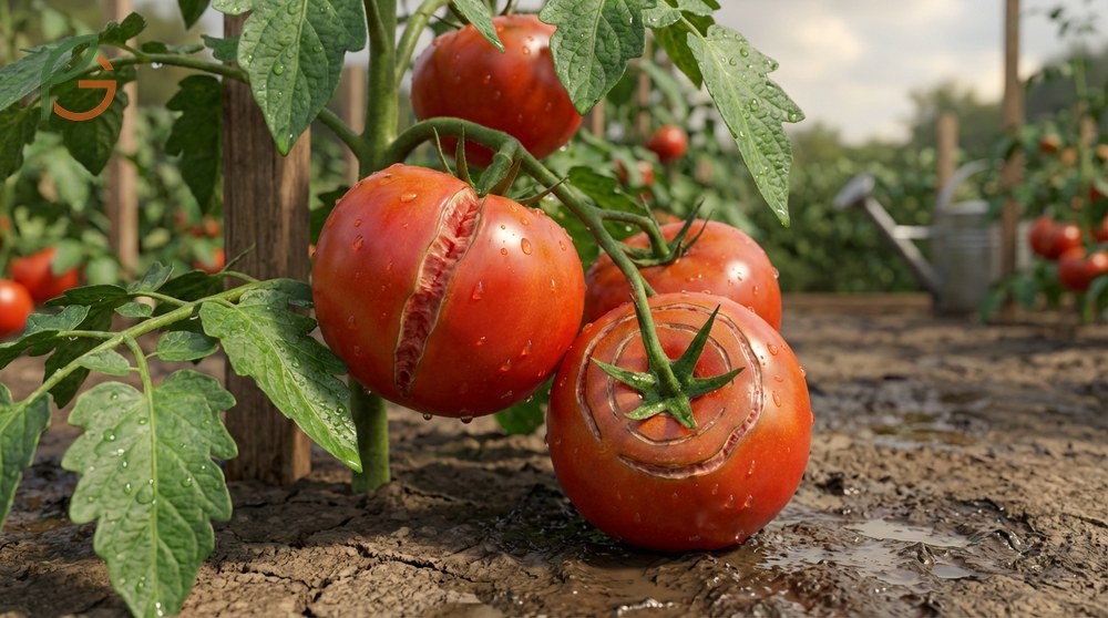 Why tomatoes split due to rapid soil moisture changes and how to prevent it with consistent watering.